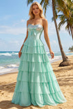 Blue Strapless Corset A-Line Tiered Ruffled Long Prom Dress with Slit