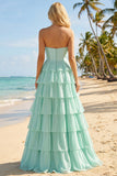 Blue Strapless Corset A-Line Tiered Ruffled Long Prom Dress with Slit