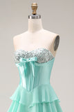 Blue Strapless Corset A-Line Tiered Ruffled Long Prom Dress with Slit