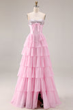 Pink Strapless A-Line Tiered Corset Sequin Long Prom Dress with Slit