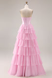 Pink Strapless A-Line Tiered Corset Sequin Long Prom Dress with Slit