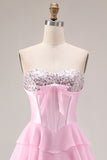 Pink Strapless A-Line Tiered Corset Sequin Long Prom Dress with Slit