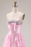 Pink Strapless A-Line Tiered Corset Sequin Long Prom Dress with Slit