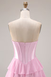 Pink Strapless A-Line Tiered Corset Sequin Long Prom Dress with Slit