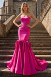 Fuchsia Strapless Satin Mermaid Long Prom Dress with 3D Flowers