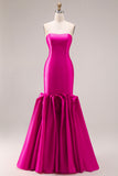 Fuchsia Strapless Satin Mermaid Long Prom Dress with 3D Flowers