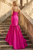 Fuchsia Strapless Satin Mermaid Long Prom Dress with 3D Flowers