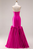 Fuchsia Strapless Satin Mermaid Long Prom Dress with 3D Flowers