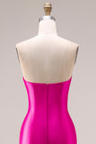 Fuchsia Strapless Satin Mermaid Long Prom Dress with 3D Flowers