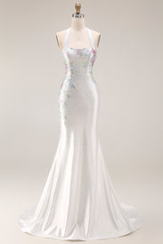 White Beaded Halter Mermaid Satin Long Prom Dress