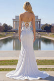 White Beaded Halter Mermaid Satin Long Prom Dress