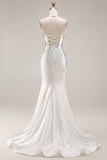 White Beaded Halter Mermaid Satin Long Prom Dress
