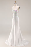 White Beaded Halter Mermaid Satin Long Prom Dress