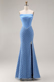 Blue Strapless Corset Beaded Pearls Mermaid Long Prom Dress with Slit