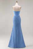 Blue Strapless Corset Beaded Pearls Mermaid Long Prom Dress with Slit