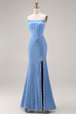 Blue Strapless Corset Beaded Pearls Mermaid Long Prom Dress with Slit