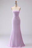 Simple Mermaid Strapless Corset Satin Long Frosted Lilac Bridesmaid Dress