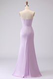 Simple Mermaid Strapless Corset Satin Long Frosted Lilac Bridesmaid Dress