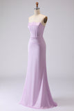 Simple Mermaid Strapless Corset Satin Long Frosted Lilac Bridesmaid Dress