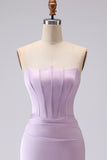 Simple Mermaid Strapless Corset Satin Long Frosted Lilac Bridesmaid Dress