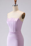 Simple Mermaid Strapless Corset Satin Long Frosted Lilac Bridesmaid Dress