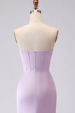 Simple Mermaid Strapless Corset Satin Long Frosted Lilac Bridesmaid Dress