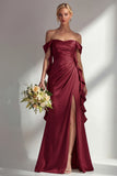 Burgundy Off The Shoulder Mermaid Satin Long Bridesmaid Dress with Slit