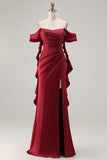 Burgundy Off The Shoulder Mermaid Satin Long Bridesmaid Dress with Slit