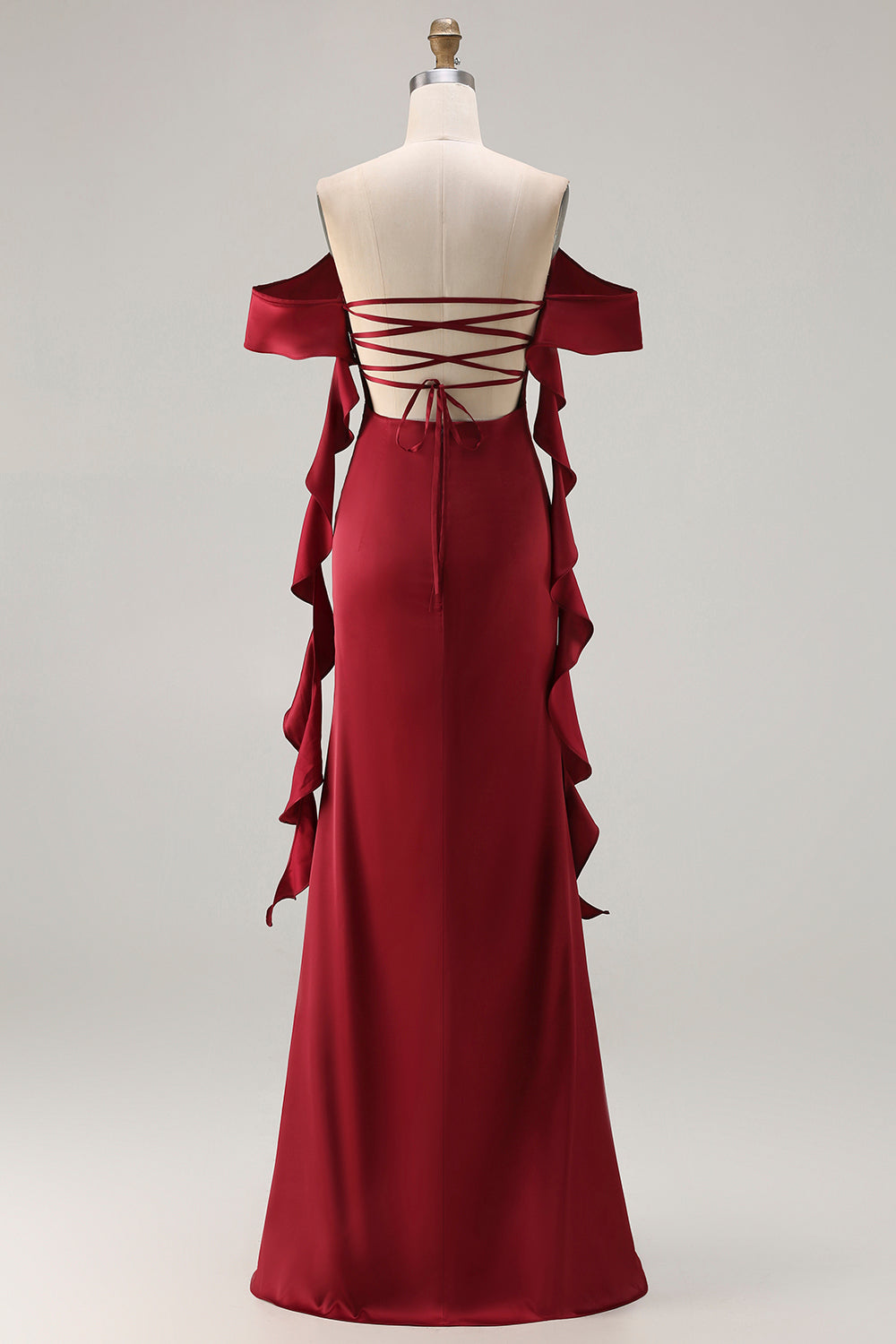 Zapaka Women Burgundy Long Bridesmaid Dress with Slit Mermaid Off The Shoulder Ruched Satin Lace Up Back Wedding Guest Dress with Streamer, Burgundy / Zapaka Women Burgundy Long Bridesmaid Dress with Slit Mermaid Off The Shoulder Ruched Satin Lace Up Back Wedding Guest Dress with Streamer, Burgundy /