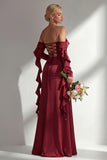 Burgundy Off The Shoulder Mermaid Satin Long Bridesmaid Dress with Slit
