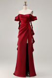 Burgundy Off The Shoulder Mermaid Satin Long Bridesmaid Dress with Slit