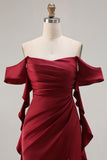 Burgundy Off The Shoulder Mermaid Satin Long Bridesmaid Dress with Slit