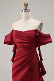 Burgundy Off The Shoulder Mermaid Satin Long Bridesmaid Dress with Slit