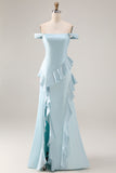 Light Blue Off The Shoulder Ruffled Mermaid Satin Long Bridesmaid Dress with Slit