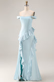 Light Blue Off The Shoulder Ruffled Mermaid Satin Long Bridesmaid Dress with Slit