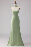 Strapless Dusty Sage Mermaid Satin Long Bridesmaid Dress with a Neck Scarf