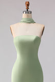 Strapless Dusty Sage Mermaid Satin Long Bridesmaid Dress with a Neck Scarf