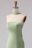 Strapless Dusty Sage Mermaid Satin Long Bridesmaid Dress with a Neck Scarf