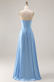 Strapless Blue Satin A-Line Long Bridesmaid Dress