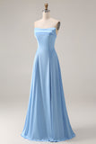 Strapless Blue Satin A-Line Long Bridesmaid Dress