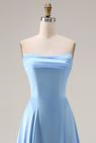 Strapless Blue Satin A-Line Long Bridesmaid Dress