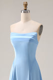 Strapless Blue Satin A-Line Long Bridesmaid Dress