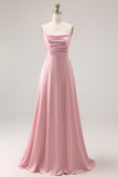 Dusty Rose A-Line Strapless Ruched Satin Long Bridesmaid Dress
