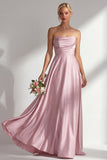 Dusty Rose A-Line Strapless Ruched Satin Long Bridesmaid Dress