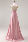 Dusty Rose A-Line Strapless Ruched Satin Long Bridesmaid Dress