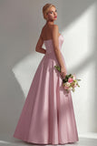 Dusty Rose A-Line Strapless Ruched Satin Long Bridesmaid Dress