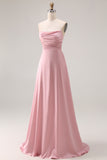 Dusty Rose A-Line Strapless Ruched Satin Long Bridesmaid Dress