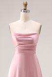 Dusty Rose A-Line Strapless Ruched Satin Long Bridesmaid Dress