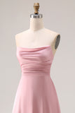 Dusty Rose A-Line Strapless Ruched Satin Long Bridesmaid Dress