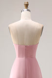 Dusty Rose A-Line Strapless Ruched Satin Long Bridesmaid Dress